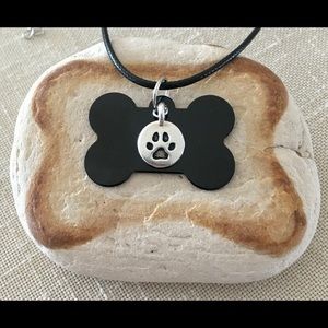HAND CRAFTED Dog Bone Black Pendant Necklace with Paw Charm